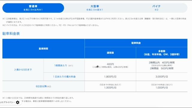 セントレア駐車場料金表 通常期・多客期