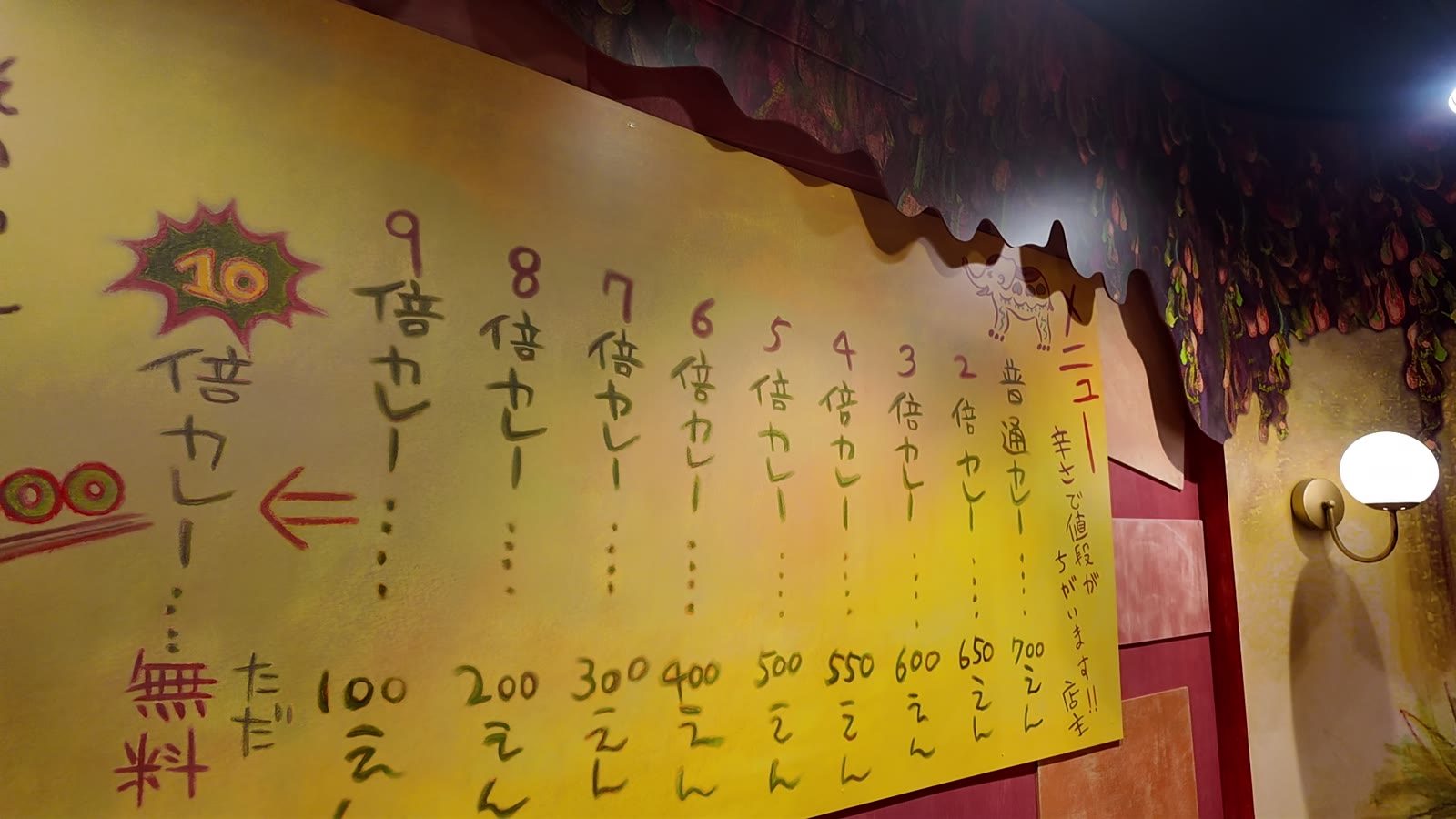 壁に書かれたカレーの値段表